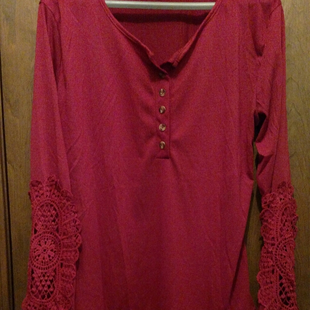 Deep Red Henley with Lace Sleeve